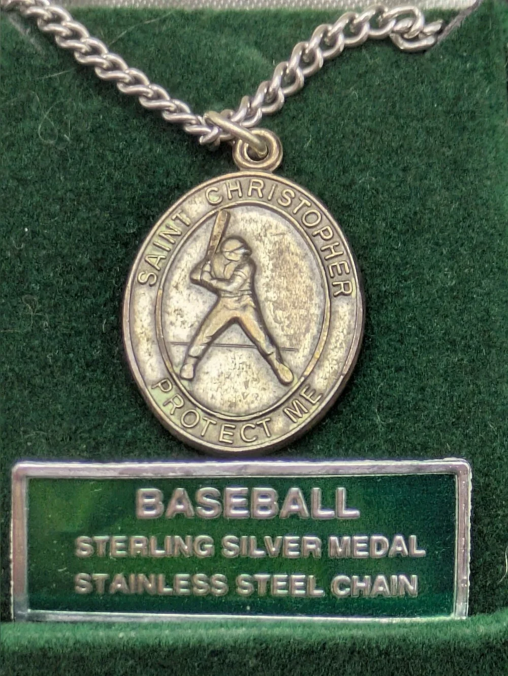 St. Patrick Guild Sterling Silver Medal Stainless Steel Chain Necklace Baseball